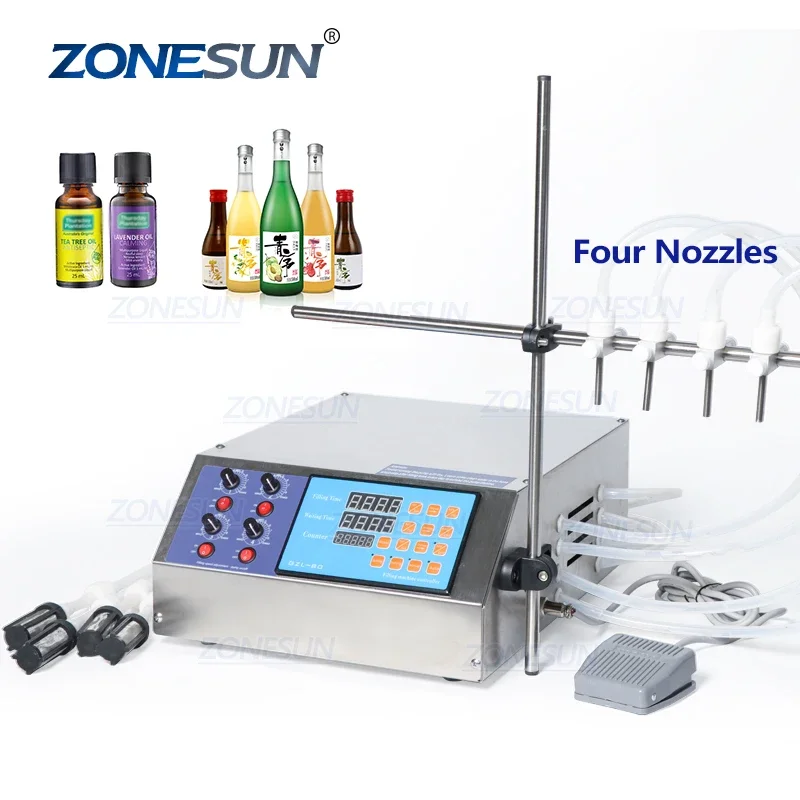 ZONESUN 4 Nozzles Liquid Perfume Water Juice Essential Oil Electric Digital Control Pump Liquid Filling Machine Supply