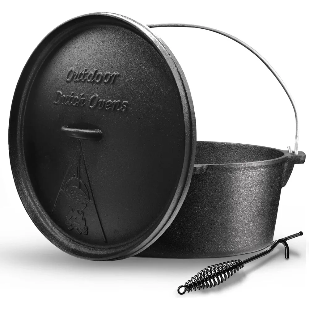 

Camping Dutch Oven,12 Qt Pre-Seasoned Camping Cookware Pot with Lid - Lid Lifter, Cast Iron Dutch Oven with Metal Handle