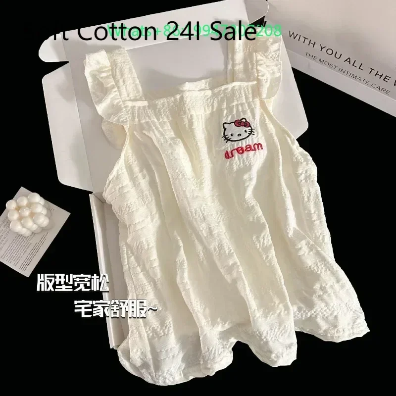 

New Hello Kitty White Cute Ladies Loungewear with Chest Pad Two-piece Set Suspender Shorts Hello Kitty Ladies Casual Pajamas