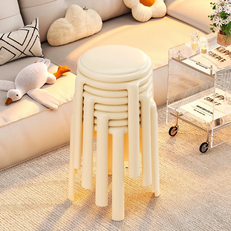 Plastic Stool Home Thickened Soft Cushion Round Stool Stackable Guest Spare Bench Storage Dining Table Chair for Living Room Use
