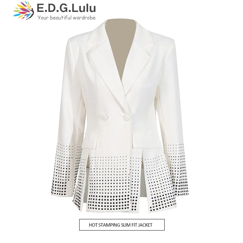 EDGLuLu 2025 Spring New Hot Stamping Design Luxury Quality Turn-Down Collar Office Blazer Coat Women Black Suit Jacket 1216