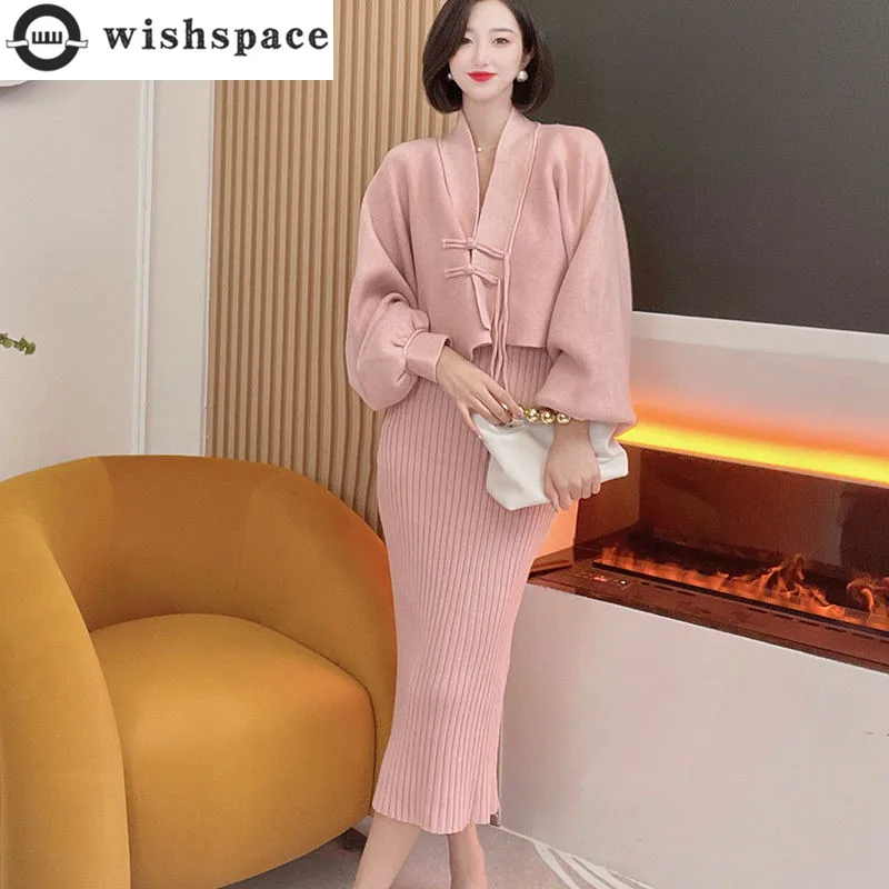 

2022 Winter Thin Personalized Loose Knitted Shirt Sweater Slim Knitted Skirt Two Piece Elegant Women French Dress Set