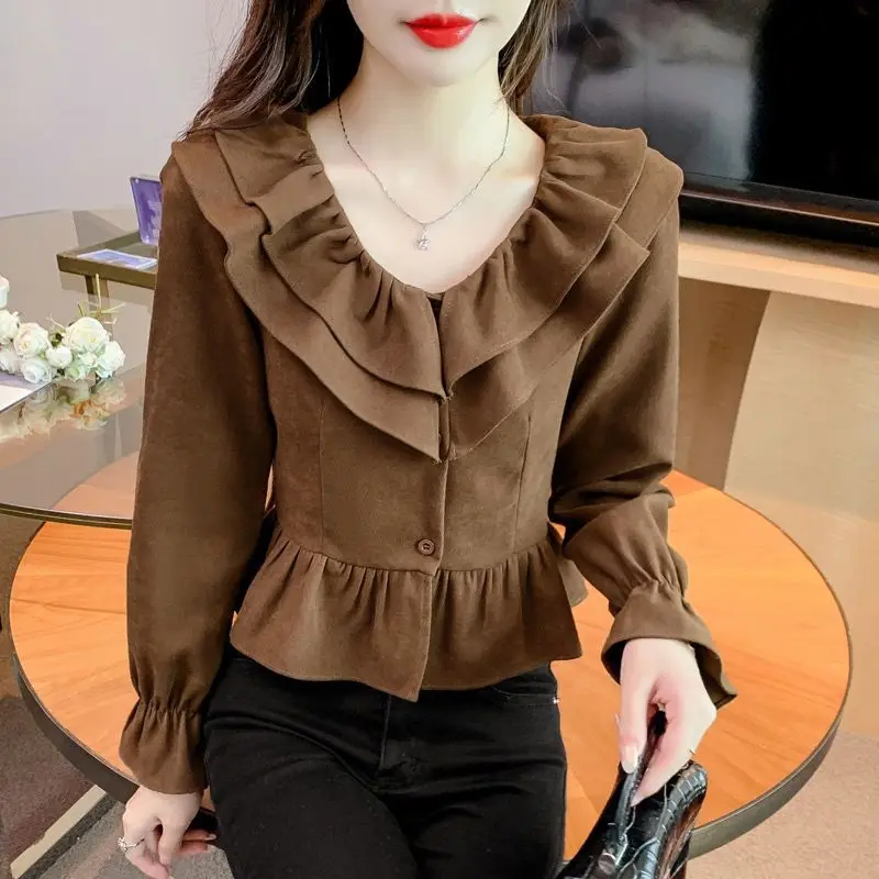 Nice Femme Spring Autumn Korean Fashion Simplicity Button Solid Color V-neck Women's All-match Ruffles Corduroy Slim Long Sleeve