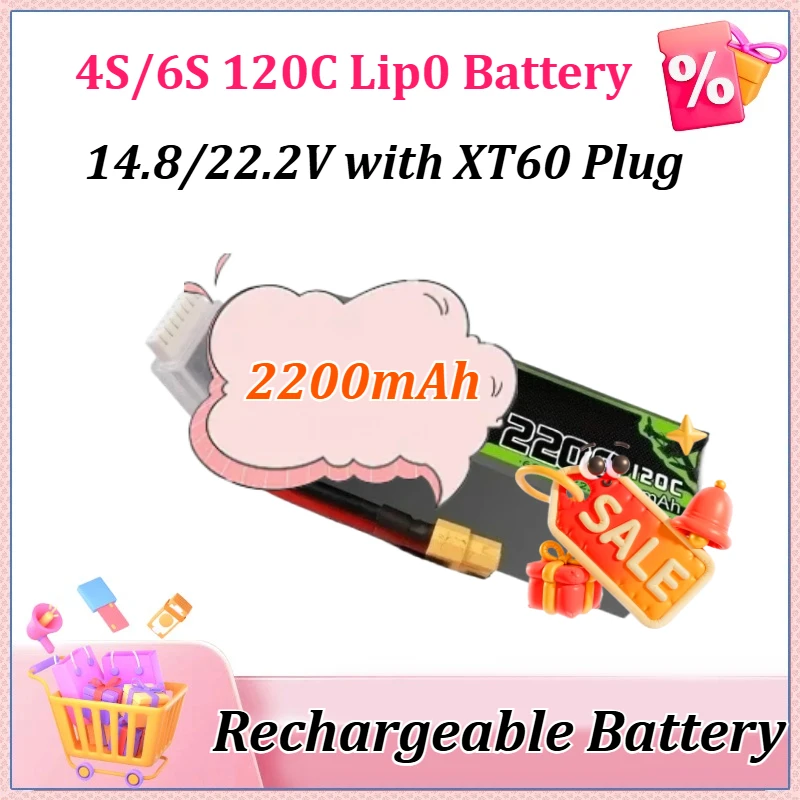 

Аккумулятор LiPo 14.8/22.2В 2200мАч, обновленная версия для Ovonic 4S/6S 120C + разъем XT60 для радиоуправляемых вертолетов, квадрокоптеров, FPV-дронов и запчастей для гоночных дронов