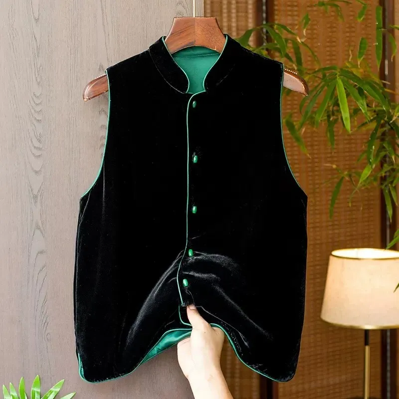 

Autumn Winter Women's Velvet Silk Jaet with Cotton Chinese Sle Vest Button up Stand Collar Commute Sle Pure Color