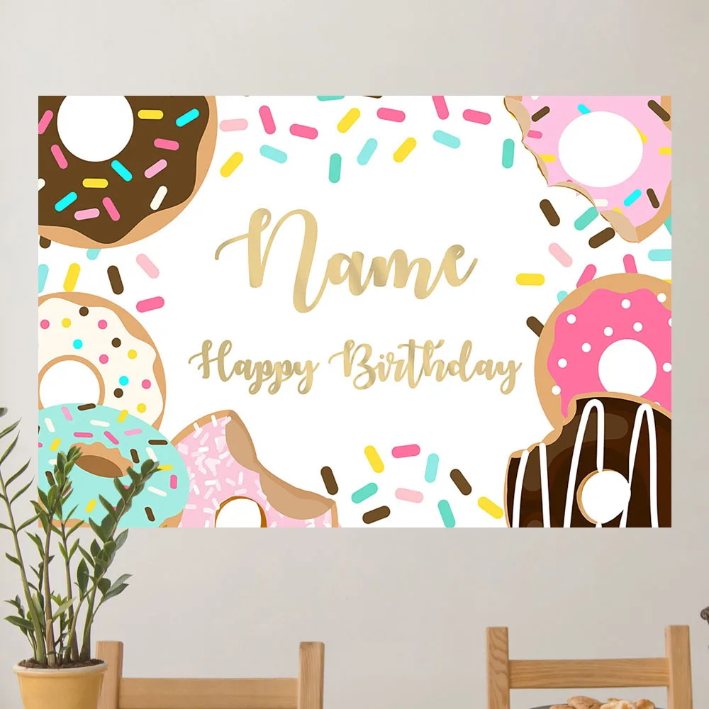 Donut Birthday Backdrop Customize Name DIY Photo Booth Background Gold Glitter Shining Photoshoot Banner for Party Decoration