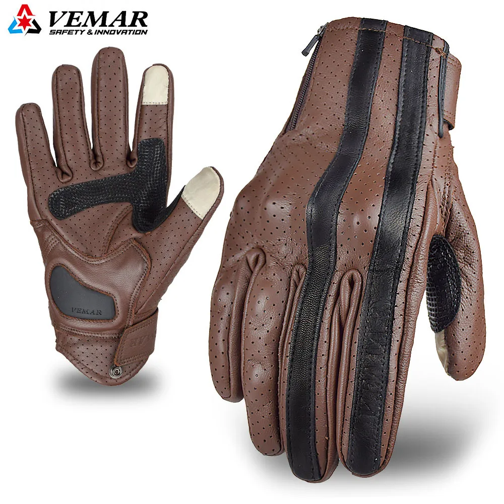 

Men Retro Black Brown Stripe Leather Motorcycle Gloves Touchscreen Waterproof Motorbike Cycling Gloves Anti-fall Motorbike Glove