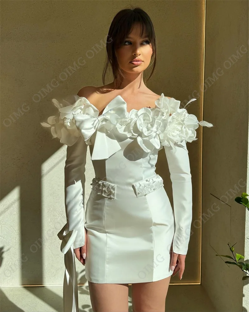 OIMG Flower Off The Shoulder White Wedding Dresses Satin A Line Mini Length Off Shoulder Bridal Gowns Women Vestidos De Novia