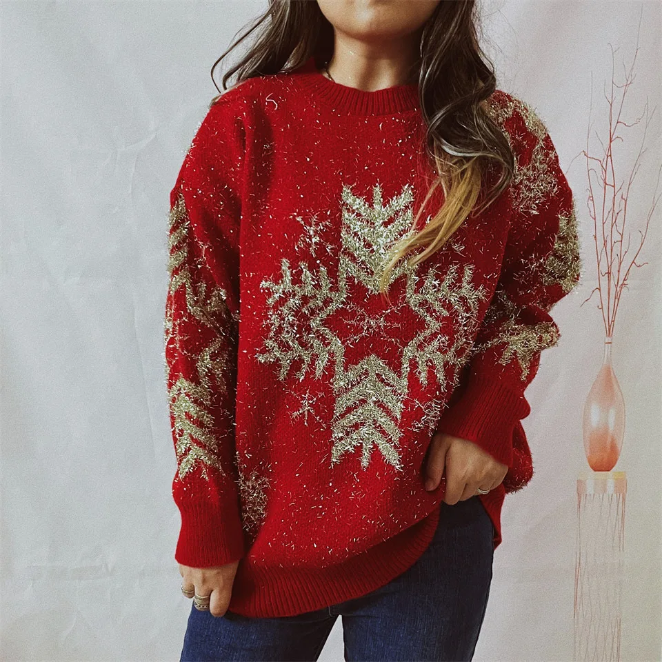 

Women's New Year Christmas Fashionable Knitted Sweater Casual Gold Thread Snowflake Decoration Round Neck Loose Pullover Sweater