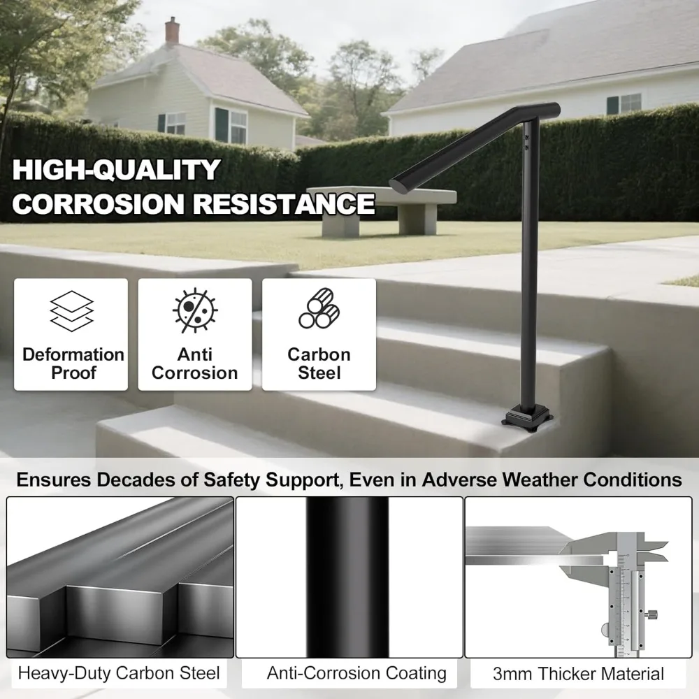 درابزين معدني عالي التحمل في الهواء الطلق لكبار السن - درابزين درج 1-3 خطوات، مطلي بالمسحوق، عمود فردي، نمط حديد مطاوع #4