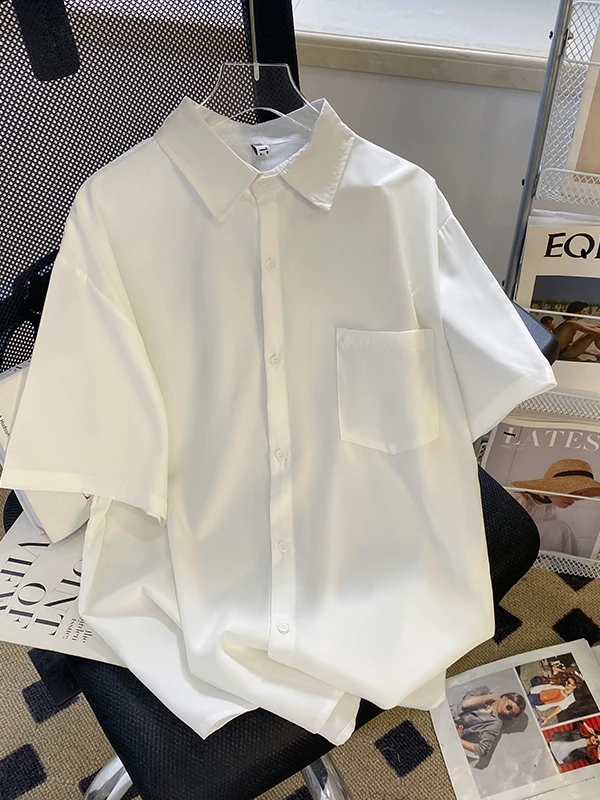 

Pure Color Ice Silk Short Sleeve Shirt Men's Loose Casual Top Summer Fashion Korean Version Korean Style Sharp Collar Shirt