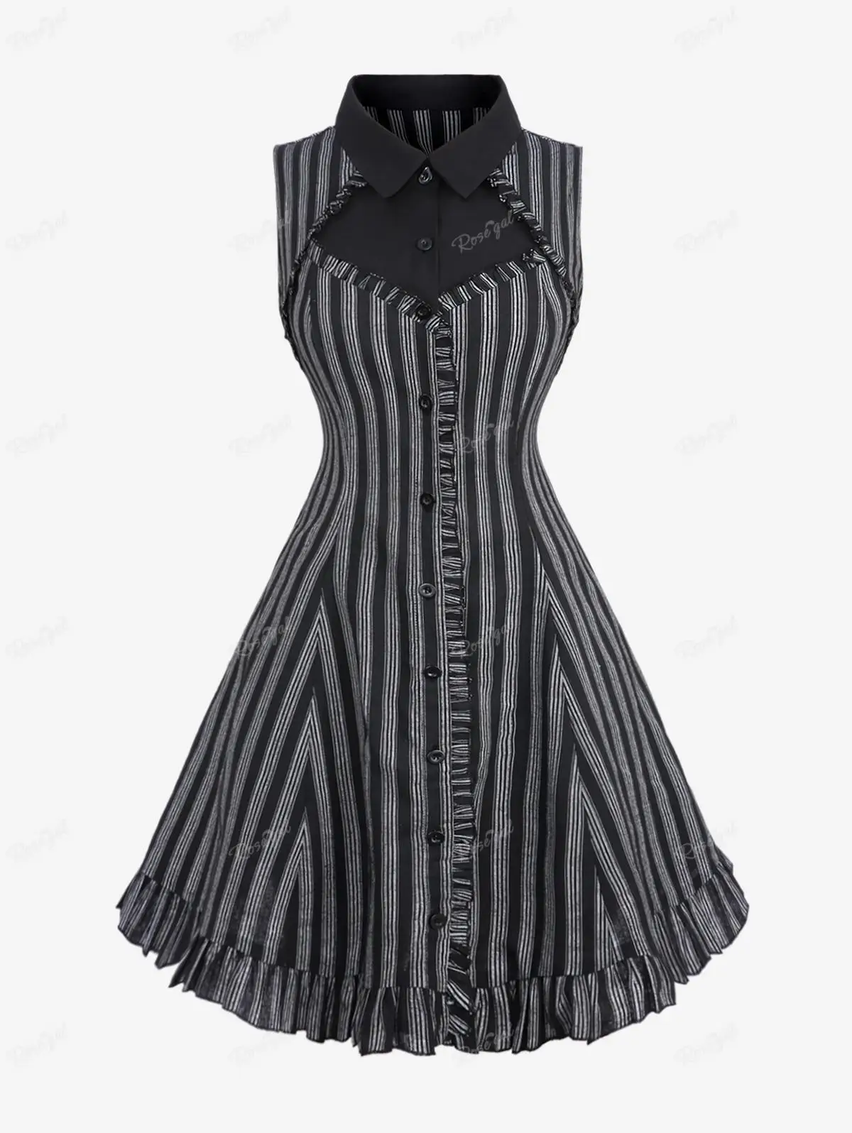 ROSEGAL Plus Size Gothic Turn-down Collar Striped Flounce Trim Dresses Black Patchwork Panel Sleeveless Ruffles Dress Vestidos