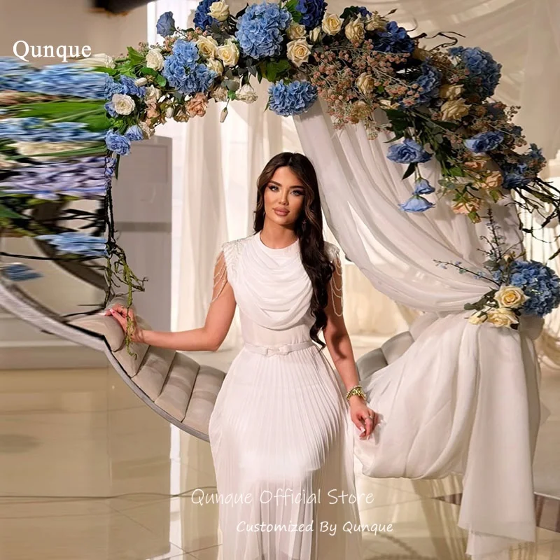 

Qunque Dubai Round Neck Beaded Chiffon Wedding Dresses A Line Ruched Evening Dresses Sleeveless Vestido De Novia Boda Customized