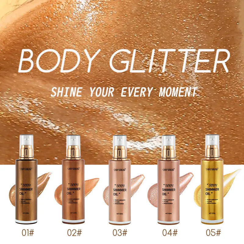 

5-color body glow oil, liquid highlighter for face, light texture, suitable for all skin tones, glitter beach party makeup