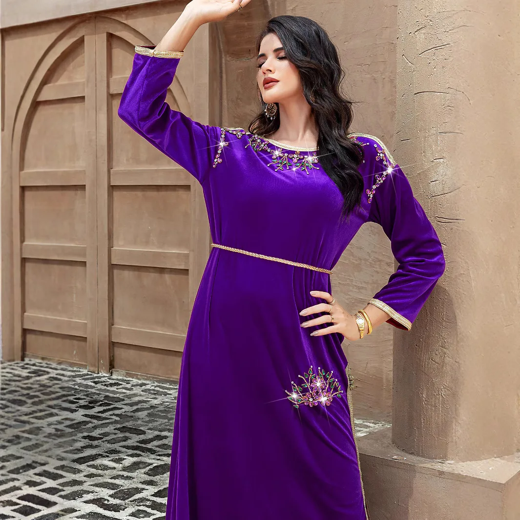 Eid Diamonds Abayas for Women Muslim Dress Purple Velvet Kaftan Ramadan Islam Clothing Turkey Kebaya Caftan Marocain Femme Robe