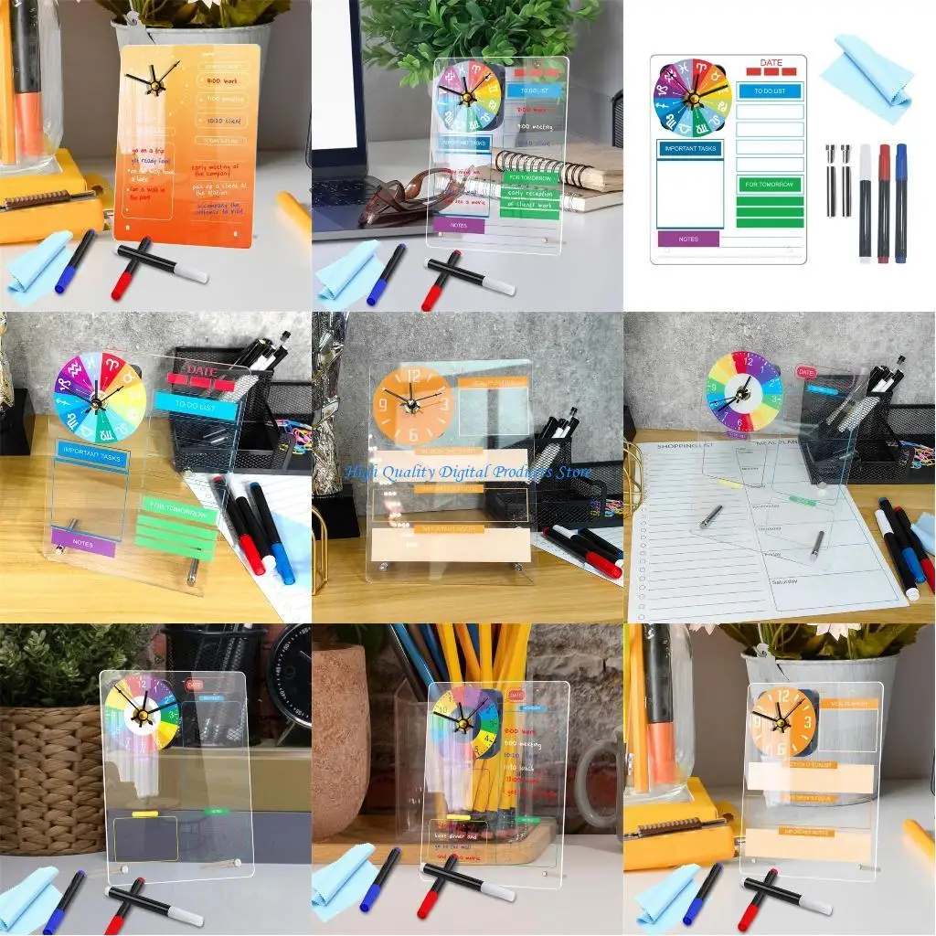 

U2JE Standing Acrylic Memo Board To-do-list Board with Clock, Office Desk Memo Board