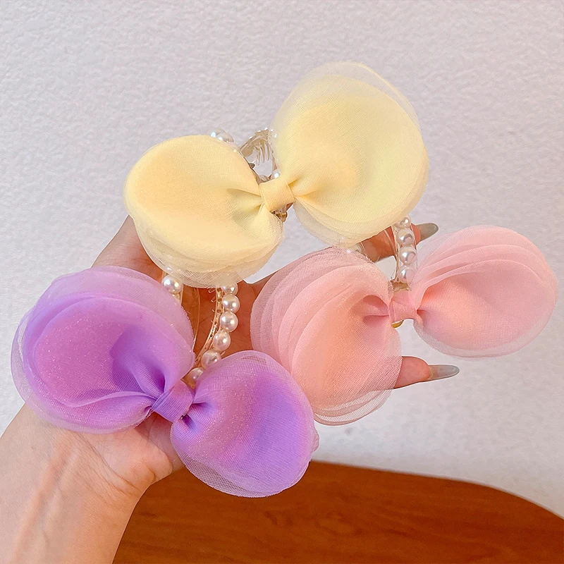 2026 Neue Sommer-Organza-Haarspangen mit Schleife für Damen und Mädchen, modische Kunstperlen, schonende Haarhalter für Pferdeschwänze, Haar-Accessoires – Detail 1