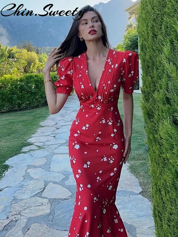 Vestido con estampado urbano para mujer, vestido con cuello en V profundo, moda Puff, manga corta, plisado, imperio, vestidos femeninos, bata de fiesta elegante de verano 2025