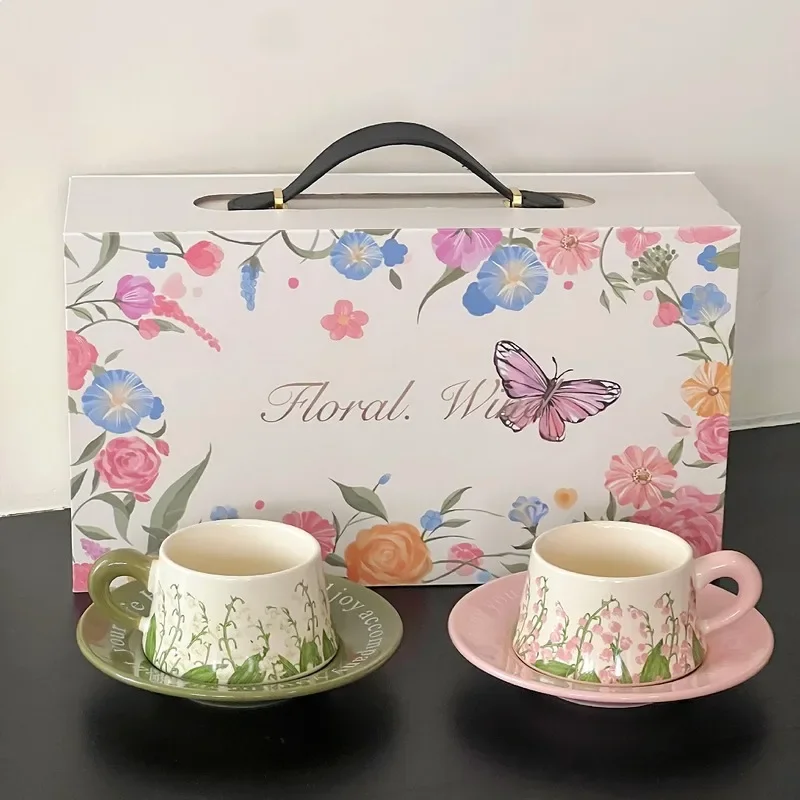 Light Luxury Bellflower Coffee Cup Saucer Set High Appearance Double Cup Gift Fresh Wedding Souvenir Birthday Present Porcelain