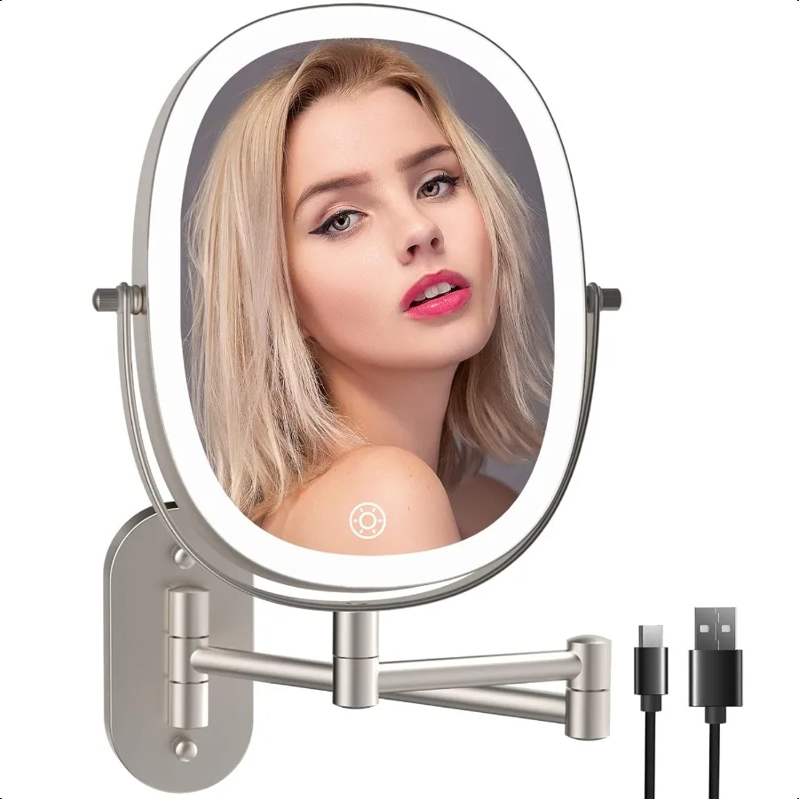 

Lighted Wall Mounted Makeup Mirror Double Sided 1X 7X Magnifying Mirror 3 Color Lighting Option Dimmable 360 Rotation Extension