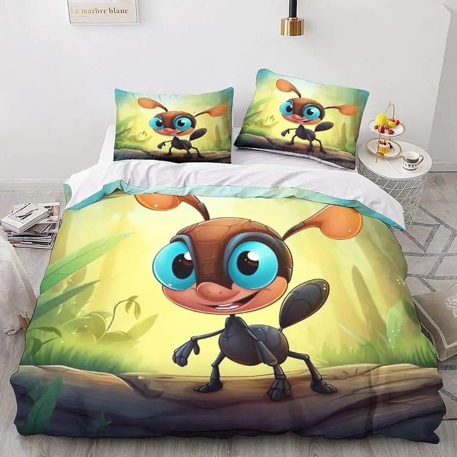 Cartoon Ant Duvet Cover Twin Queen for Kids Boys Girls Lovely Insect Bedding Set Soft Microfiber Bedding Set with 2 Pillowcases