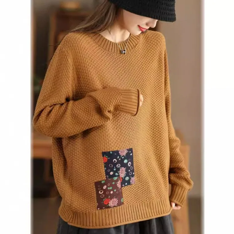 

Женский осенний новый ретро лоскутный свитер с длинными рукавами, мужской трехмерный вязаный повседневный пуловер с круглым вырезом, топ, свитер