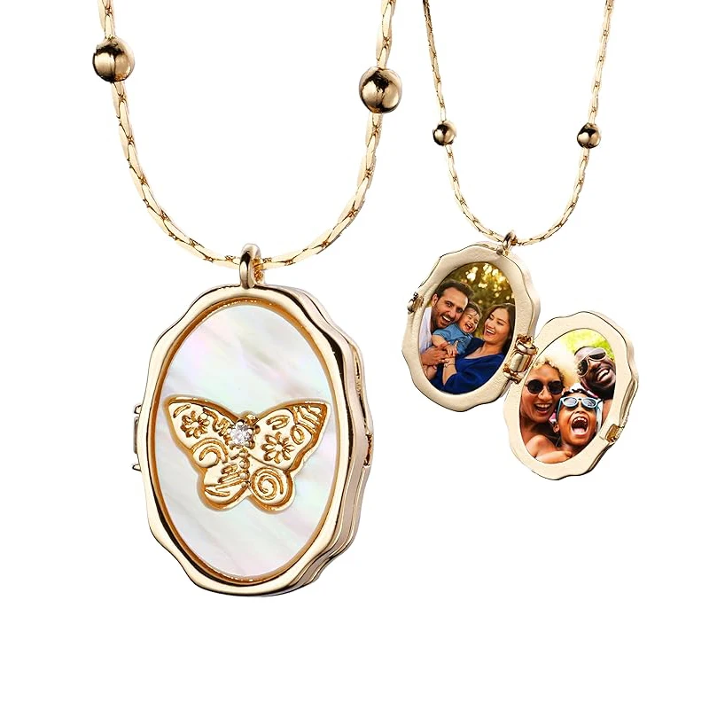 Personalized Picture Oval Locket Necklace for Women Custom Photo Butterfly Shell Necklace Memorial Locket Jewelry for Mom Wife