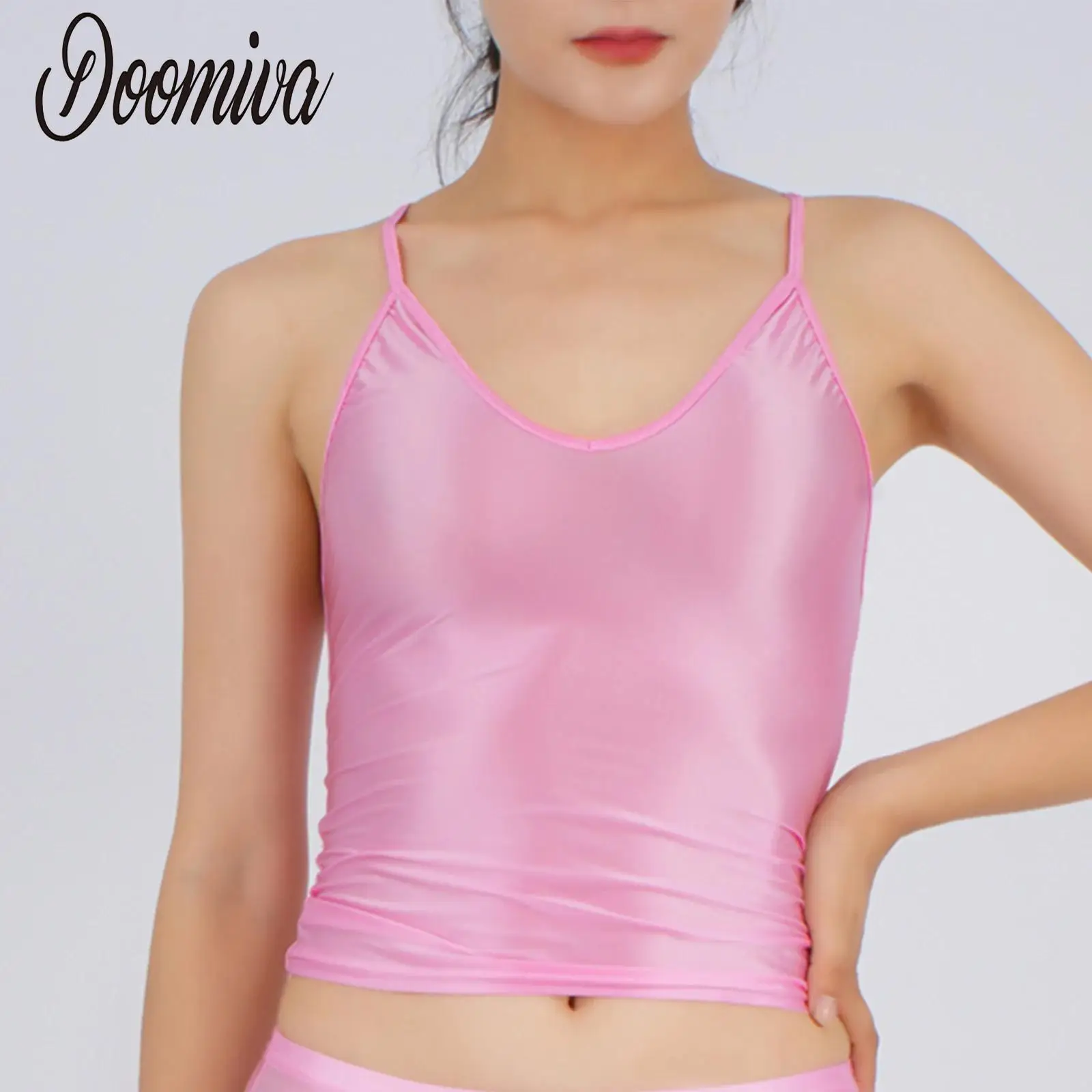 

Women Glossy Stretchy Camisole Rave Party Clubwear Basic Lingerie Scoop Neck Sleeveless Sling Crop Tops Vest for Yoga Gym Sports