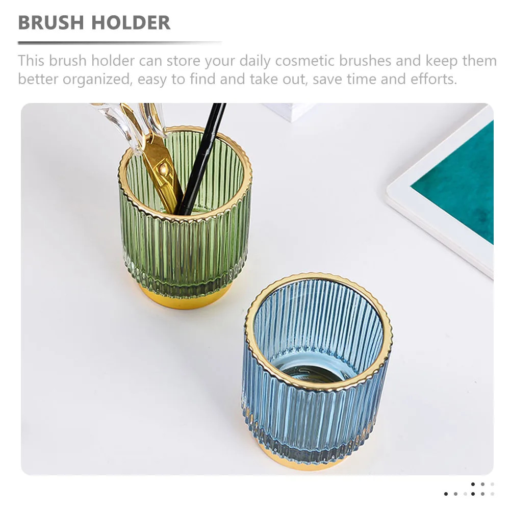 

Glass Makeup Brush Holder Striped Pen Container Large Opening Organizer for Vanity Desktop Storage Makeup Brush Cup