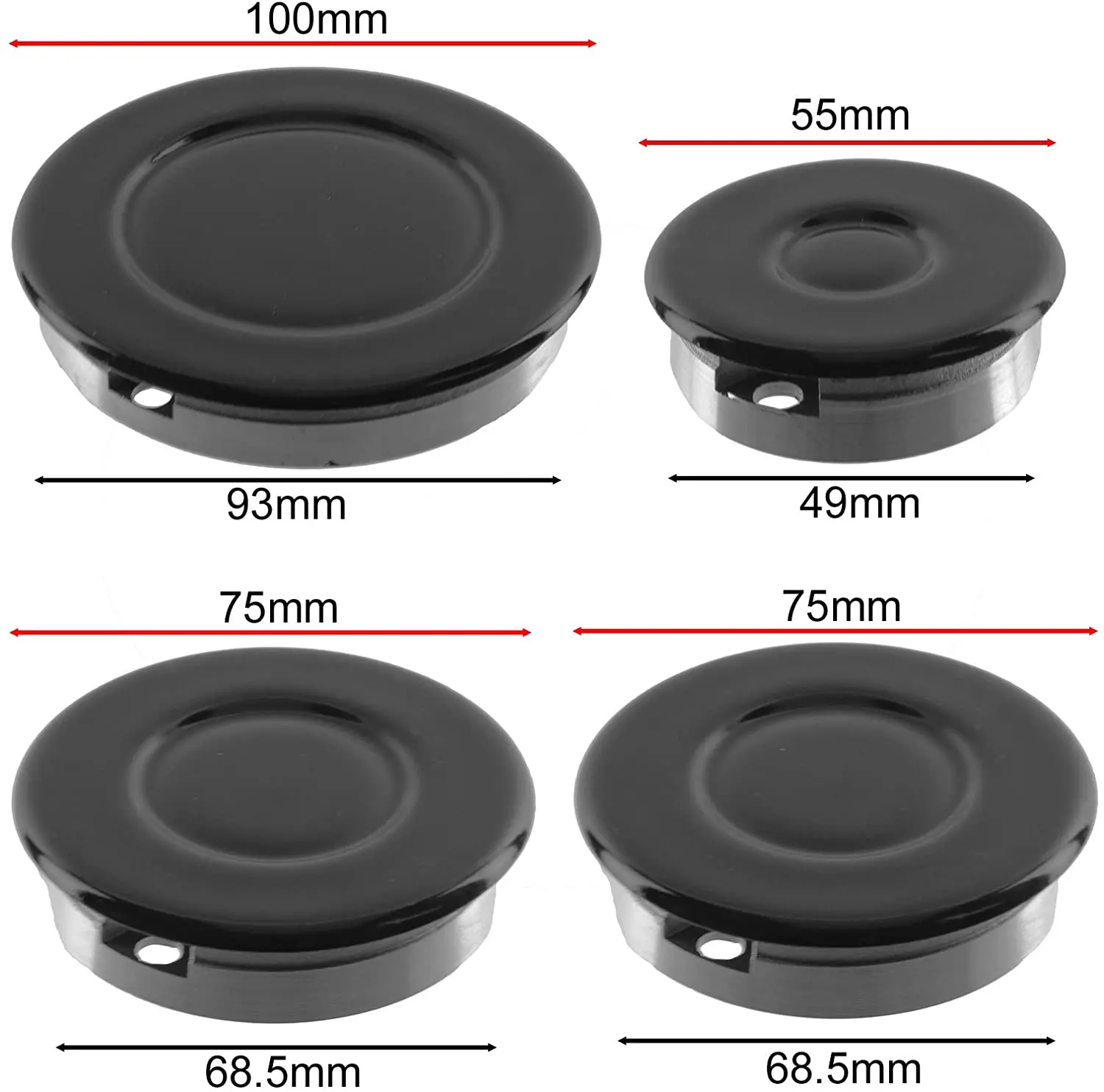 Oven Cooker Hob Gas Burner Crown & Flame Cap Kit ( Small, 2 Medium & Large, 55mm - 100mm) Spare Parts Accessory Replacement