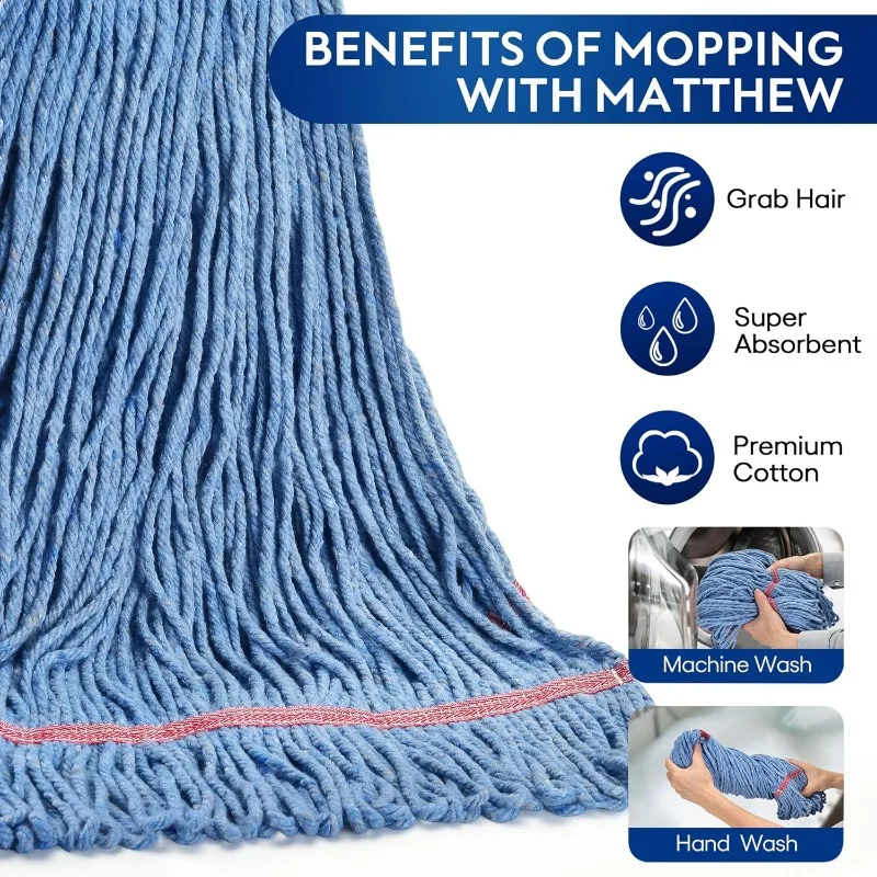 24oz Heavy Duty Mop Head Commercial Replacement for General and Floor Cleaning, Wet Industrial Blue Cotton Looped End String