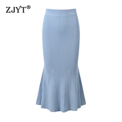 ZJYT Elegant Lady Mermaid Midi Knitting Skirts for Women Autumn 2024 Fashion High Stretch Party Skirt Blue Female Faldas