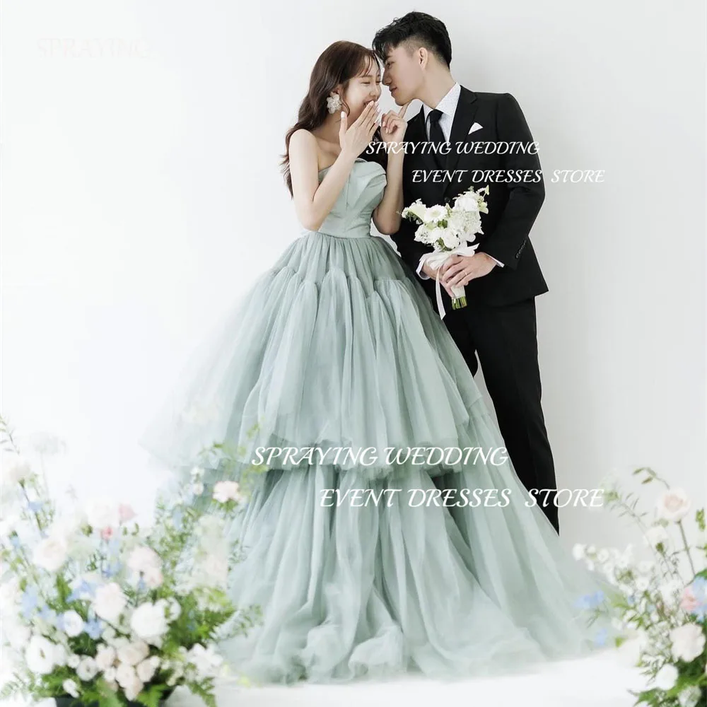 SPRAYING Green Tulle Tiered Pleat Bridal Gown Wedding Photography Strapless A-line Long Wedding Dress Corset Back Prom Dress