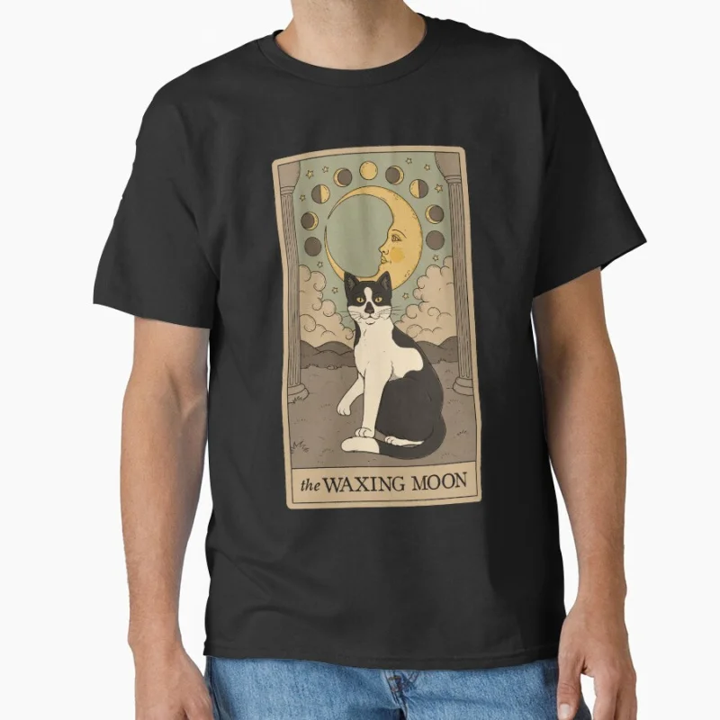 

The Waxing Moon Cat Vinage Tarot Card Cat Funny magical cats cute pet Gift T shirt for men large size Adult Tops S-6XL clothing