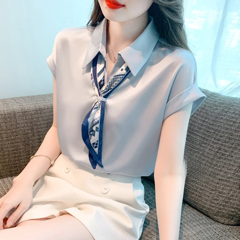 

Silk Georgette Short Sleeve Shirt Women's Summer Fashion Classy Professional Maturity Style French Style Loose Fit