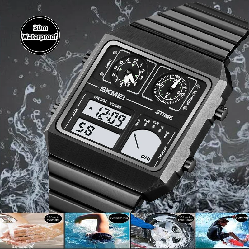 Skmei Classical Mens Digital Watches Three Time Zone LED Waterproof Alarm Clock Outdoor Sports Thermometer Quartz Wristwatch