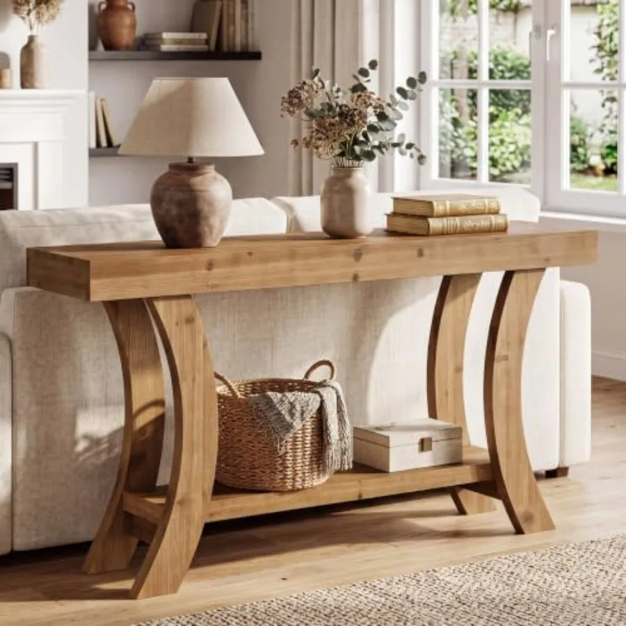 Farmhouse solid wood console table for living room, natural wood color, spacious storage shelf and rustic charm view 3
