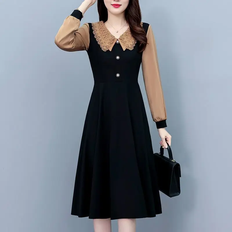 Commute Lace Peter Pan Collar Midi Dress Spring Autumn Long Sleeve Spliced Female Clothing Button Elegant A-Line Waist Dresses