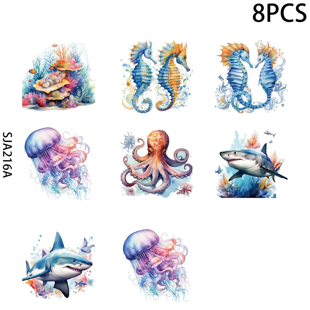 Marine creatures, cute teddy bears, floral animals 8 Sheet UV Dtf Cup Wraps Transfer Stickers for Glass Cup DIY Crafts