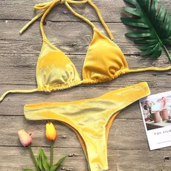 Velvet Bikini Thong Halter Strappy Swimsuit Classic Swimwear Two Piece Women 2026 Beach Outfit Triangle Bikinis Set Bathing Suit