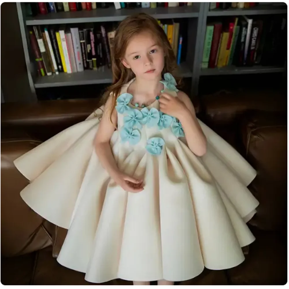 Luxury Beige Flower Girl Dress Handmade Flowers Baby Kids Princess Birthday Wedding Party Communion Ball Gown