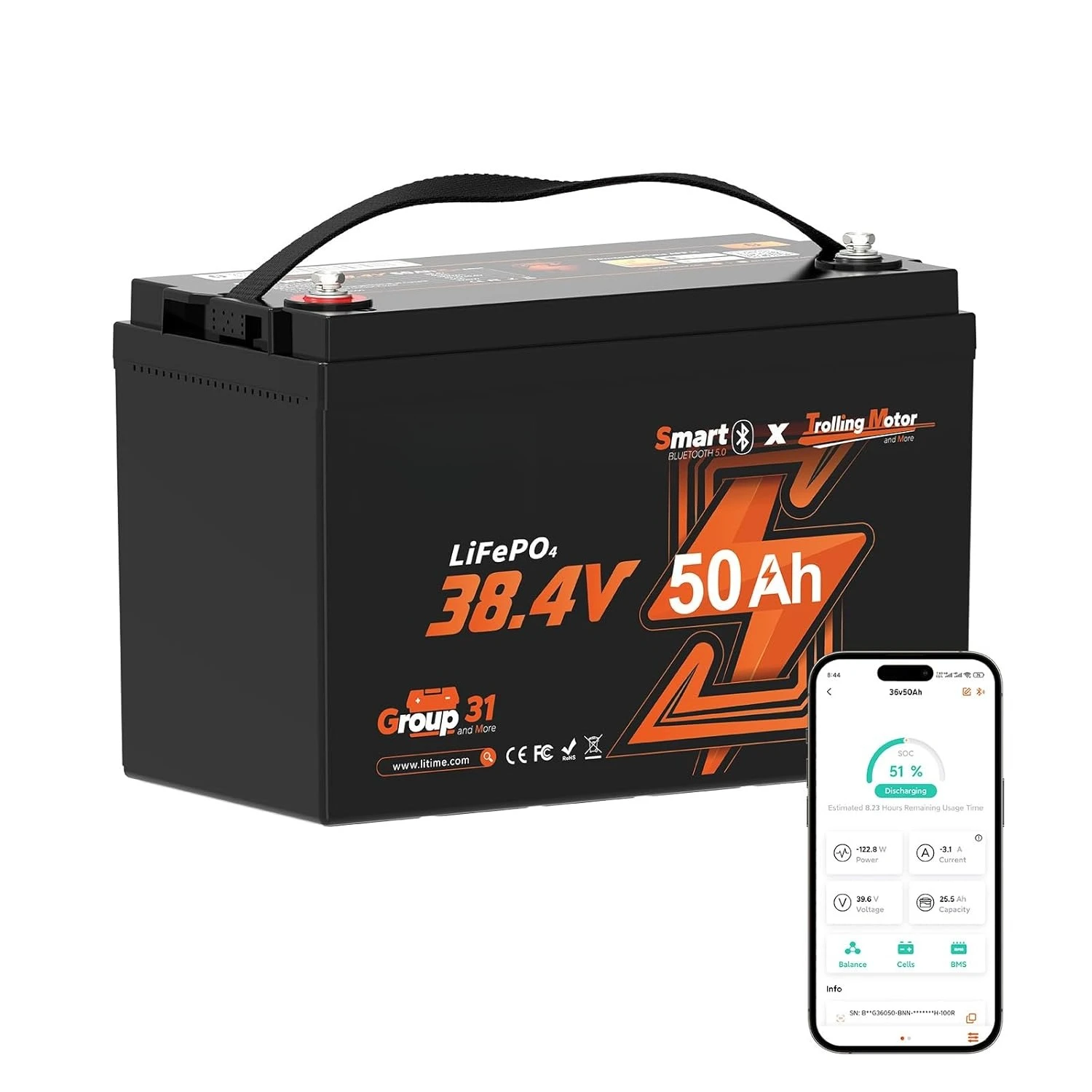 

Аккумулятор LiFePO4 36В 50Ач для троллингового мотора с Bluetooth и защитой от низких температур, встроенный BMS 50А, литиевый, глубокого разряда, тип Group31, на заказ