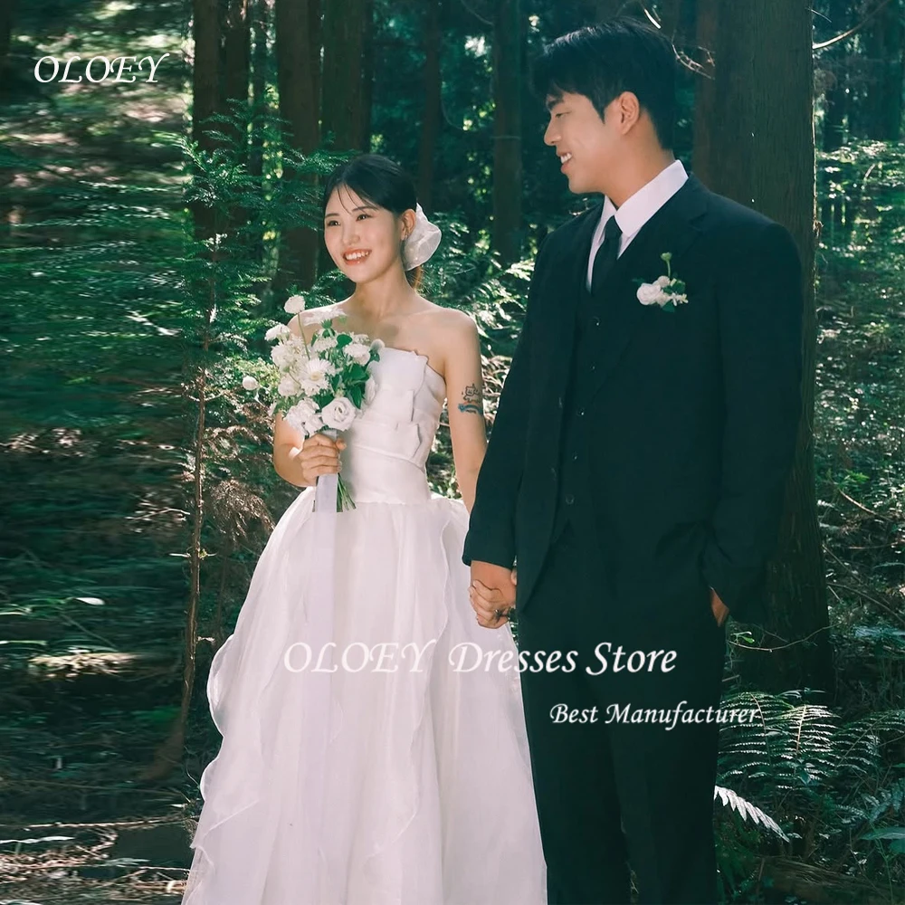 

OLOEY White Korean Wedding Dresses Customized A-line Strapless Pleats Reception Dress Bridal Gown Tulle Evening Dress 웨딩드레스