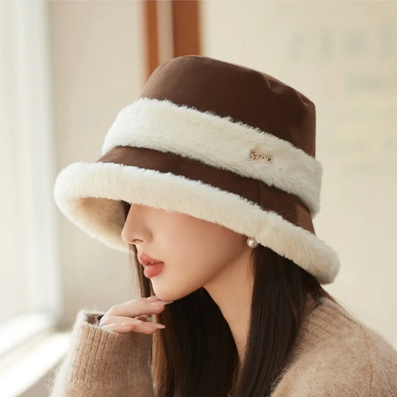 

Thickened Plush Splicing Striped Fisherman's Hat Children's Ear Protection Warm Hat Temperament Versatile Basin Hat 56-58cm