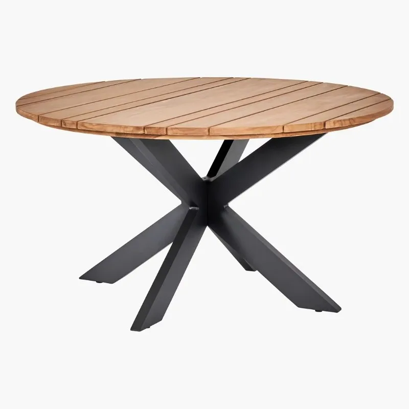 Outdoor dining table with solid teak top and steel base for family dining room entrances or workshop furniture