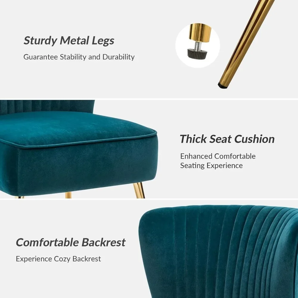 Velvet Accent Chair Set of 2, Modern Armless Upholstered Side Chair with Glam Gold Metal Legs for Vanity Living Room Bedroom