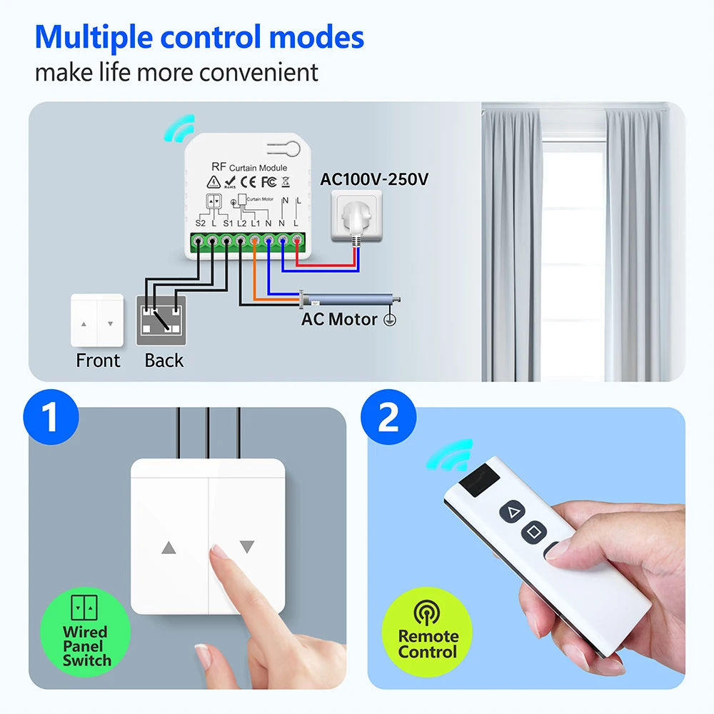 433 MHz kabelloser Vorhangschalter, 110 V, 220 V, 16 A, RF-Empfänger, 60 m Fernbedienung, für Fernbedienung, Rollladen, Fensterjalousien, Garagentor – Detail 6