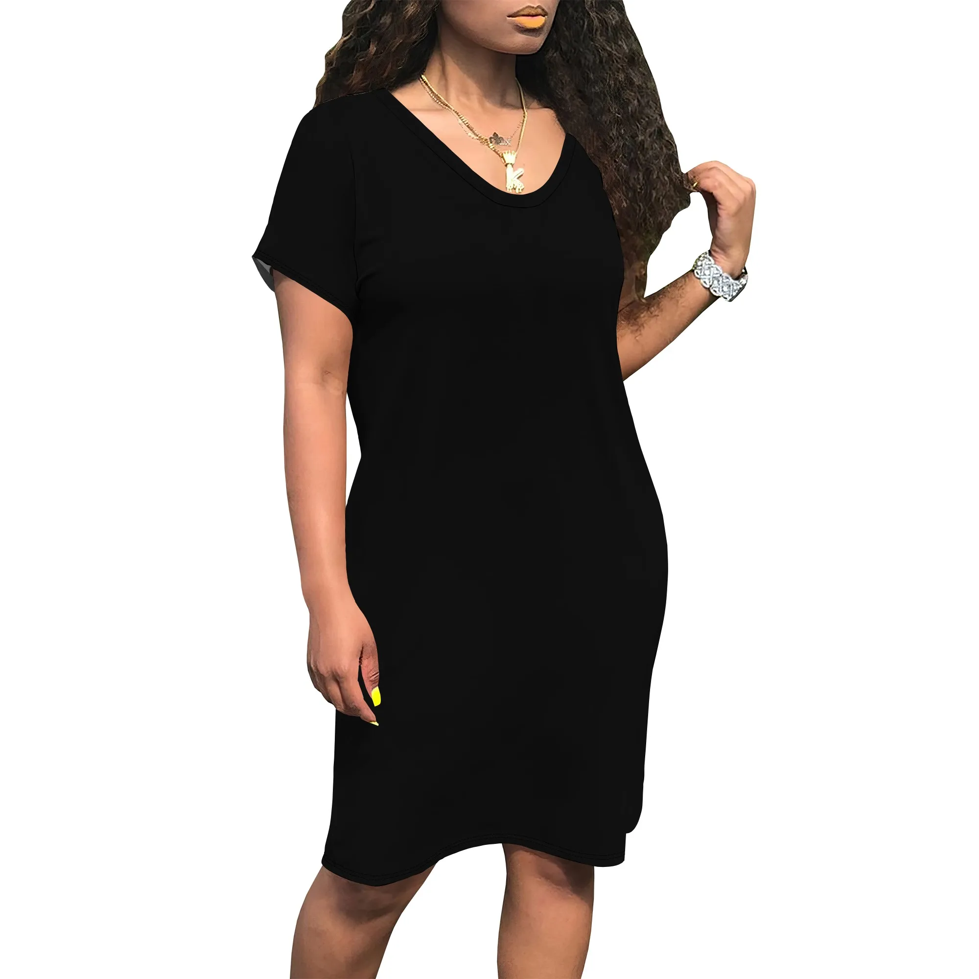 Damskie letnie sukienki T-shirt 2025 wiosenne z krótkim rękawem, dekolt w serek, luźne, codzienne, krótkie sukienki wakacyjne, piżamy z kieszeniami.