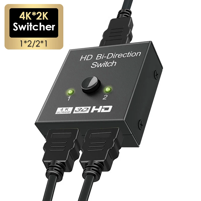Conmutador compatible con HDMI 4K, 2 puertos bidireccionales, 1x2 / 2x1, divisor de conmutador HD 4K 1080P 3D HDR HDCP para PS4, PS3, Xbox, caja de HDTV
