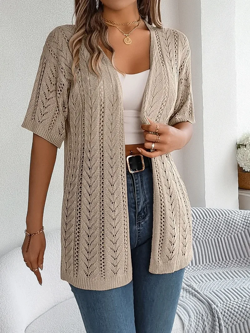 

Elegant Womens Hollow Out Cardigan Spring Summer Knitted Short Sleeve Sun Protection Tops Lightweight